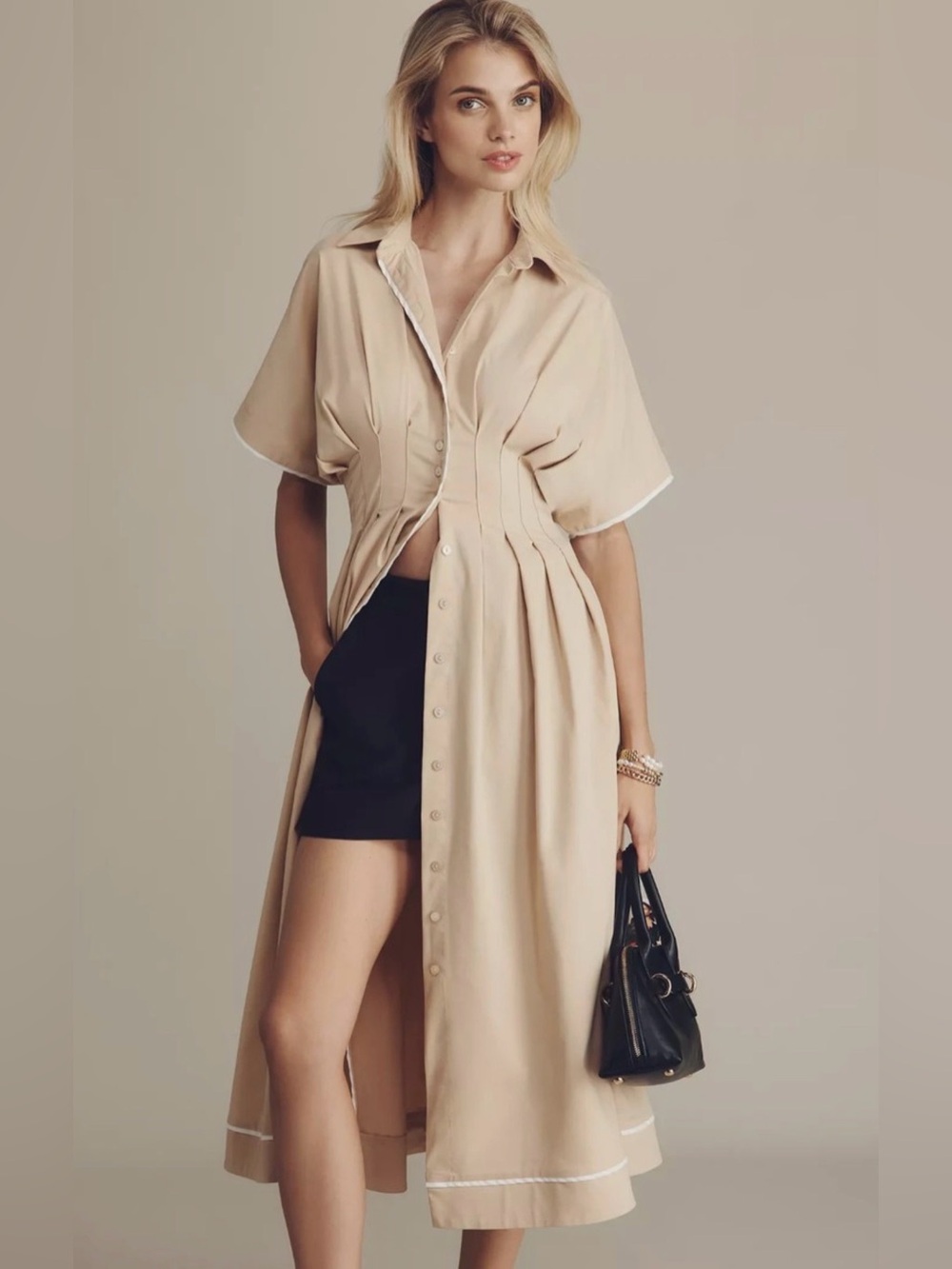 Anthropologie Exquise The Tobie Shirt Dress Maxi NWT Beige Tan Brown Size Large
